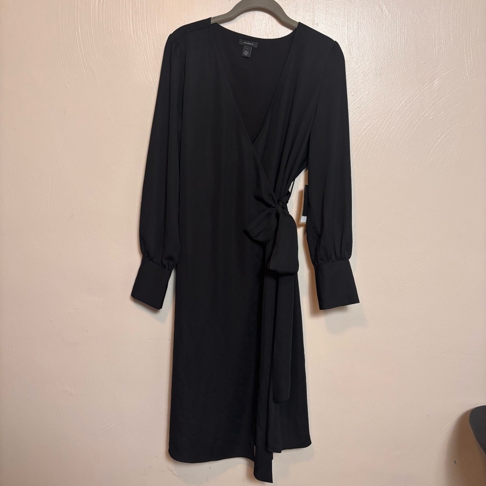 NWT Halogen Dress‎ Long Sleeve Poof Belt Wrap Midi V-Neck  Black Size Small